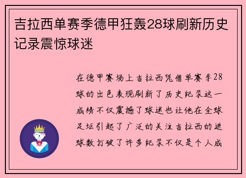 吉拉西单赛季德甲狂轰28球刷新历史记录震惊球迷 吉拉西单赛季德甲狂轰28球刷新历史记录震惊球迷